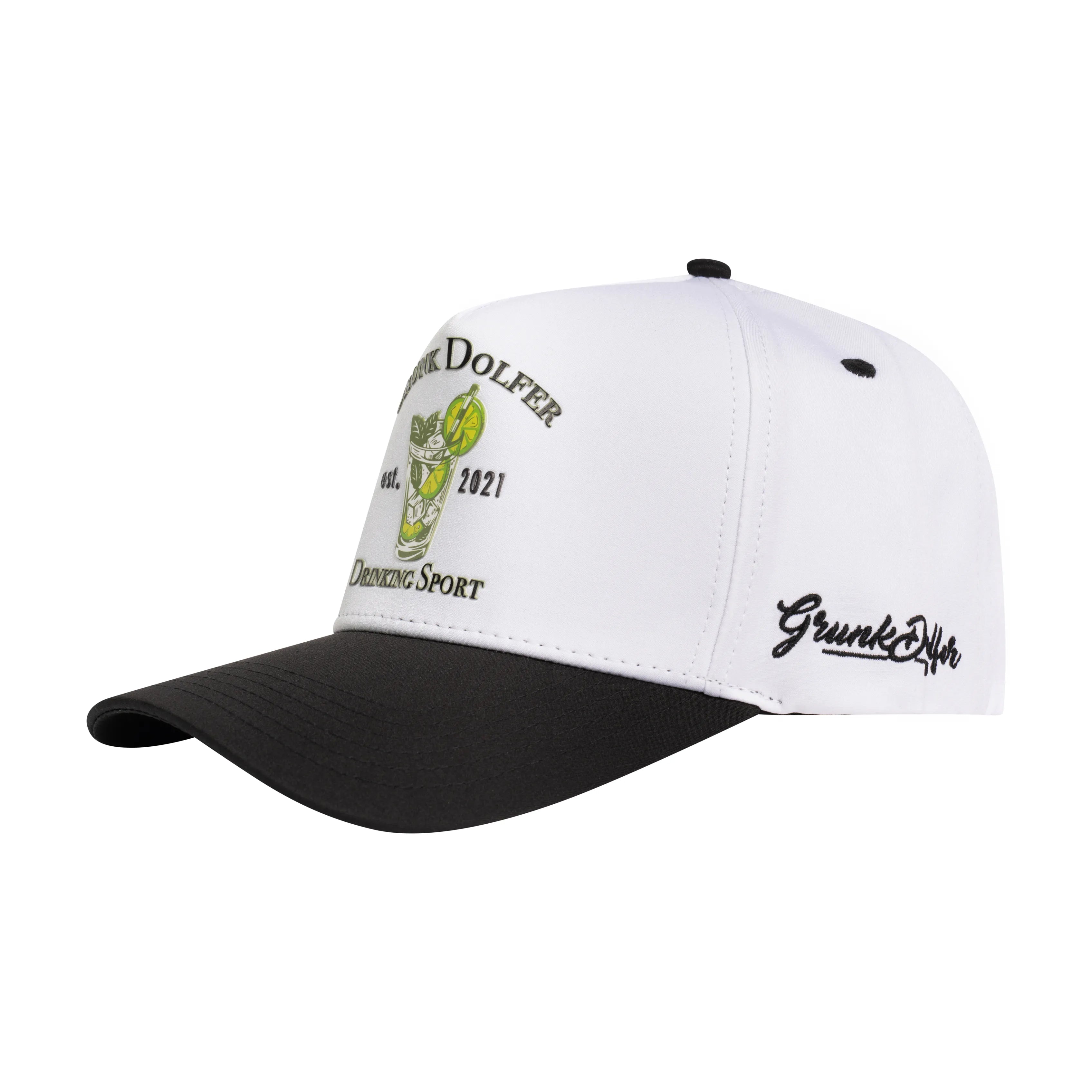 The Happy Hour Hat by Grunk Dolfer is a high quality white and black golf cap featuring a cartoon frog graphic and Grunk Dolfer on the front, plus black script “Grunk Dolfer” embroidery on the side for a fun look.