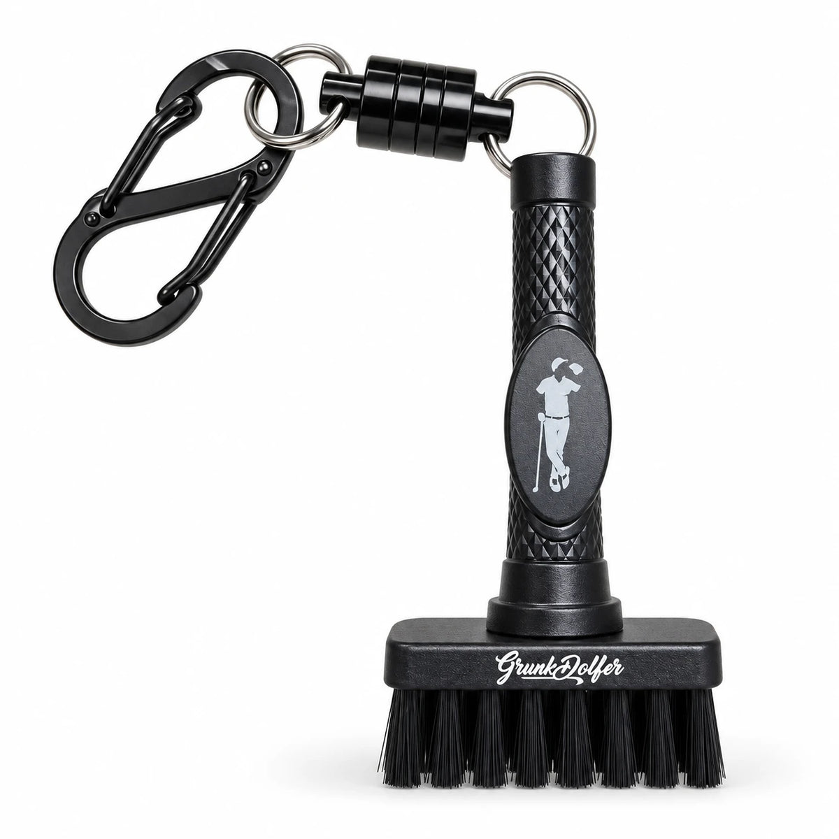 Black magnetic Grunk Brush with a carabiner attachment for a golf bag.