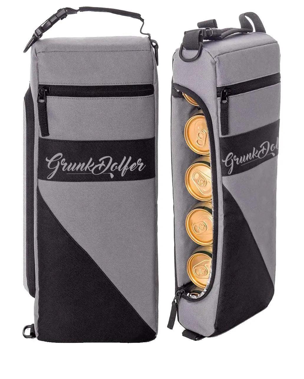 Two gray and black Grunk Dolfer Grunk Cooler bags sit side by side; one is closed and the other unzipped, showing five gold beverage cans inside.