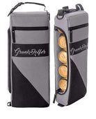 Two gray and black Grunk Dolfer Grunk Cooler bags sit side by side; one is closed and the other unzipped, showing five gold beverage cans inside.