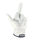 The Grunk Dolfer Grunk Glove is a white Cabretta leather golf glove with ventilation holes, shaped in an upright middle finger gesture and finished with a bold black wrist label featuring white text.