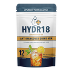 A Hydr18 Lemonade Iced Tea pouch with 12 stick packs features a glass of iced tea with lemon and mint, highlights 10 calories, and promotes an anti-hangover blend to help you wake up refreshed.