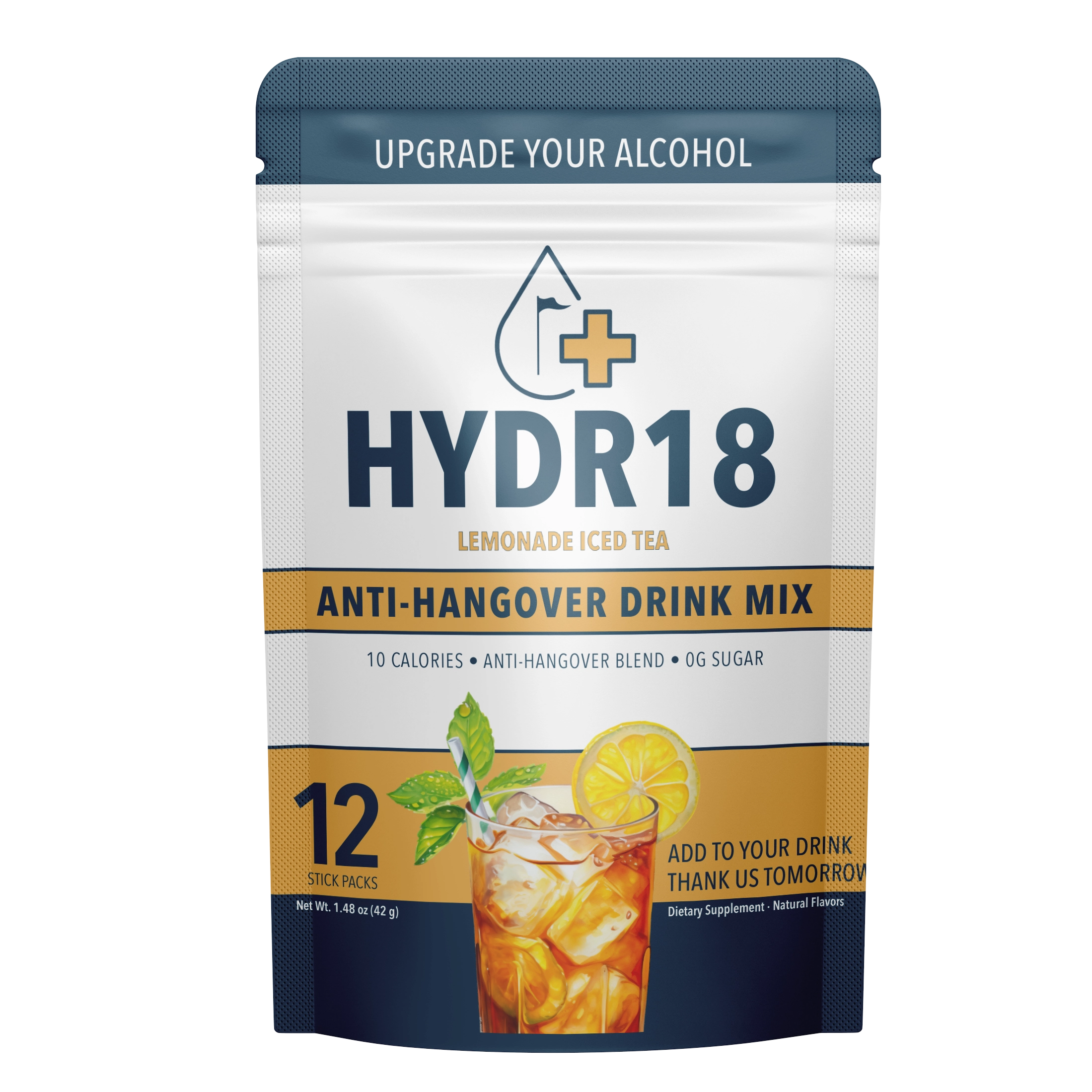 A Hydr18 Lemonade Iced Tea pouch with 12 stick packs features a glass of iced tea with lemon and mint, highlights 10 calories, and promotes an anti-hangover blend to help you wake up refreshed.