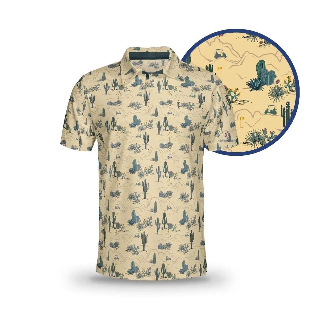 The Grunk Dolfer Desert Classic is a beige short-sleeve button-up shirt with a desert-themed print of cacti, mountains, and wildlife in green, blue, and brown—perfect golf apparel for a laid-back lifestyle. Close-up inset highlights the print detail.