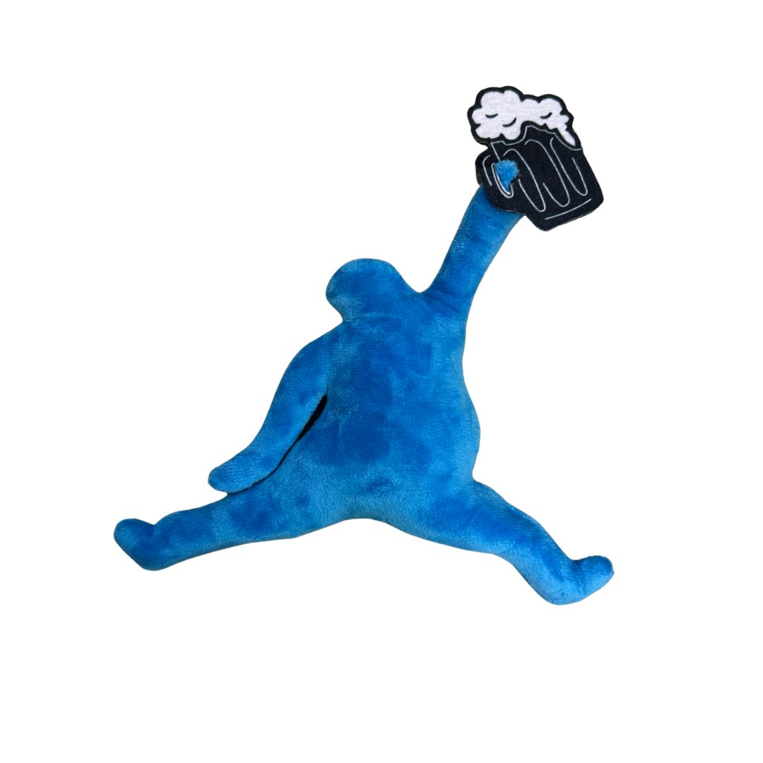 The Grunk Dolfer Chunkman Stuffie is a blue, person-shaped plush toy sitting with legs and one arm out, holding a black mug of frothy beer—ideal as a golf cart accessory for any Chunk Nation fan.