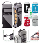 The Grunk Dolfer 8-Beer Bag Cooler in gray and black is shown from multiple angles, alongside six colorful Grunk Dolfer magnetic koozies with golf sayings and close-ups of the insulated coolers features.
