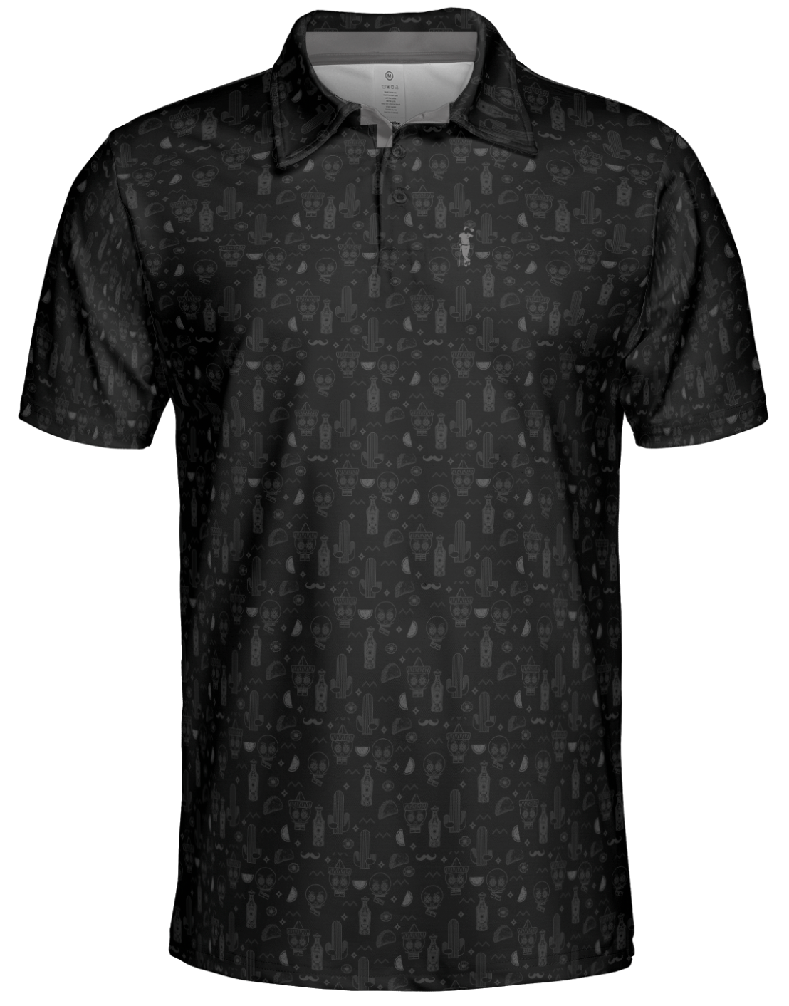 The Grunk Dolfer Member Drinko is a lightweight, sweat-wicking black polo with short sleeves, a collar, and a subtle all-over abstract icon pattern—ideal for Grunk Dolfer Drinking Club members.