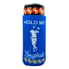 A Grunk Dolfer Slim Can Magnetic Koozie with HOLD MY Longball and a golfer illustration, holding a tall can of Longball Hard Tea featuring an orange, yellow, and white patterned top.