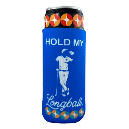 A Grunk Dolfer Slim Can Magnetic Koozie with HOLD MY Longball and a golfer illustration, holding a tall can of Longball Hard Tea featuring an orange, yellow, and white patterned top.