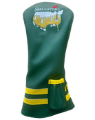 The Grunk Dolfer Smashters Driver Cover features green leather, yellow stripes, a small yellow pocket, and a SMASHTERS logo above a dripping cheese USA outline—adding standout style to your golf gear.
