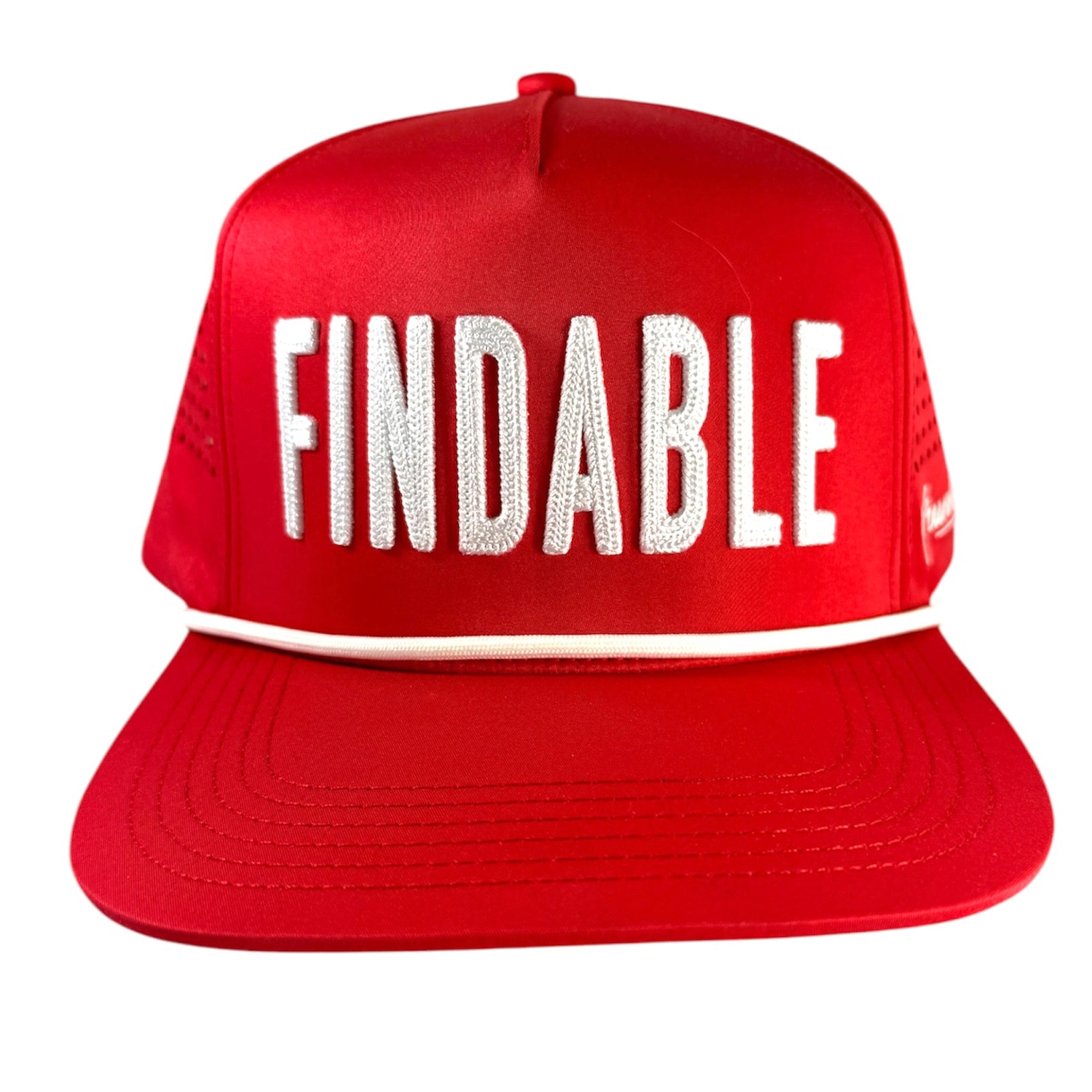 The Red Findable Hat by Grunk Dolfer features a classic trucker style in red with white embroidered FINDABLE text and a white accent stripe above the brim—ideal for the course and pairing with your favorite ball marker.