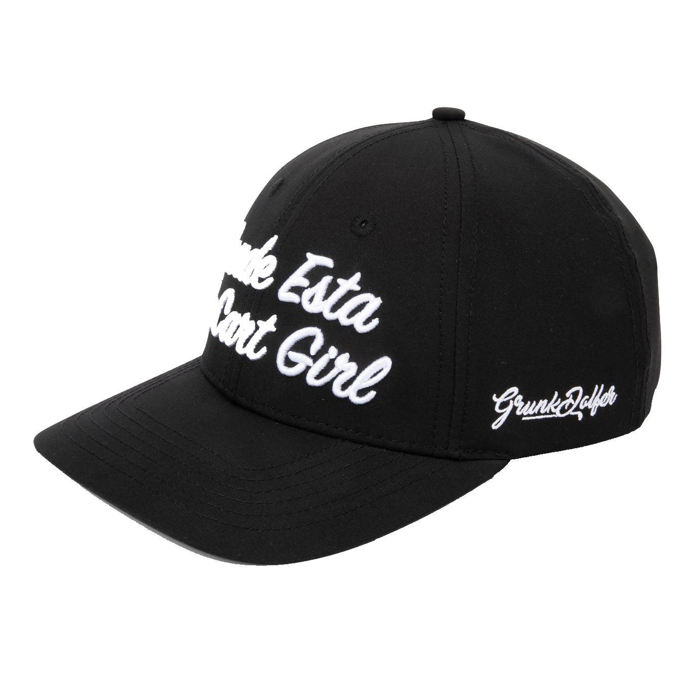 The Black Donde Esta La Cart Girl Hat by Grunk Dolfer features white embroidered script on the front and a side logo—a stylish pick for any cart girl or beverage cart attendant.