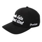 The Black Donde Esta La Cart Girl Hat by Grunk Dolfer features white embroidered script on the front and a side logo—a stylish pick for any cart girl or beverage cart attendant.