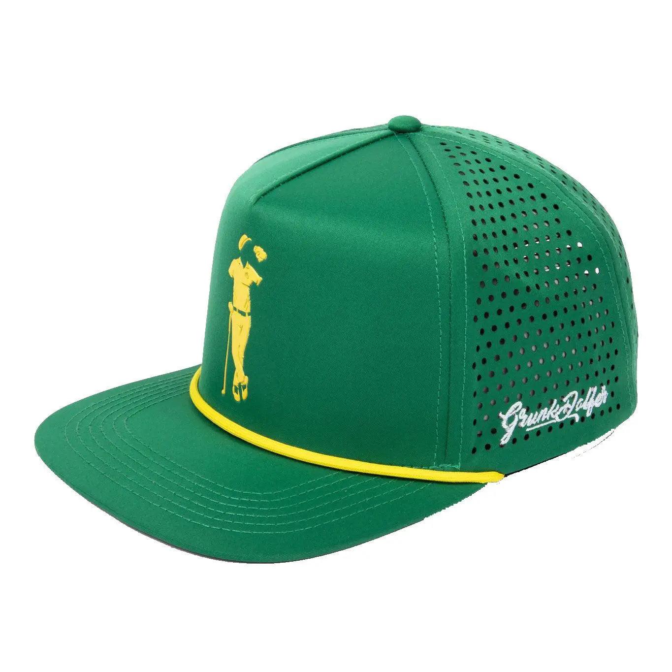 The Grunk Dolfer Grunk Masters Hat is a green snapback with a yellow golfer silhouette, perforated mesh sides, yellow bill accent, and Gronk Golf script—ideal for any Masters Tournament fan.
