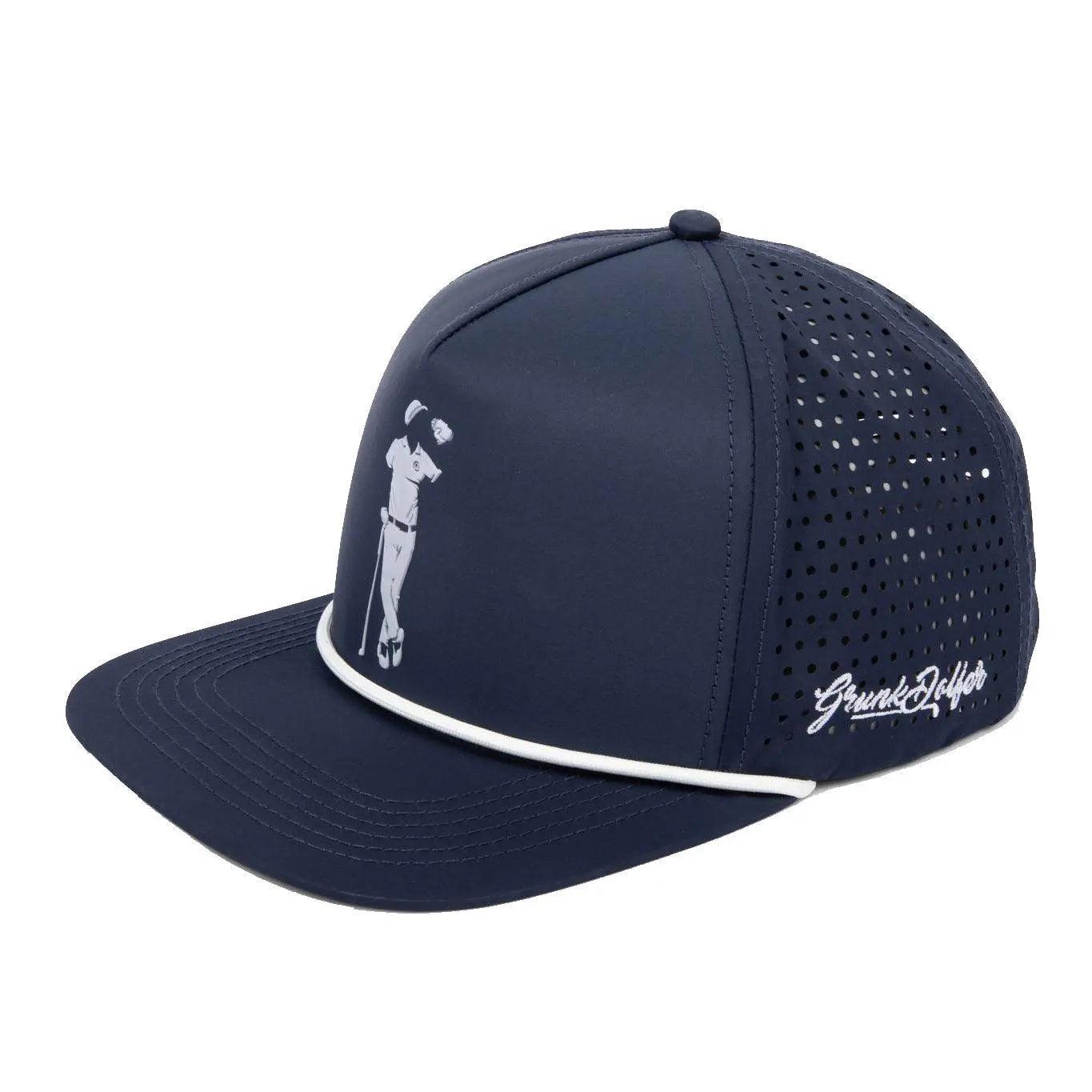 The Navy Grunk Hat by Grunk Dolfer features perforated sides for breathability, a white golfer silhouette on the front, white piping above the brim, and Grunk Golf embroidered in white on the left side.