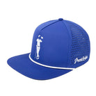 The Royal Grunk Hat by Grunk Dolfer is a blue trucker hat featuring a white golfer silhouette on the front, white piping on the brim, mesh sides, and Grunk Hjofe in white script on the side.