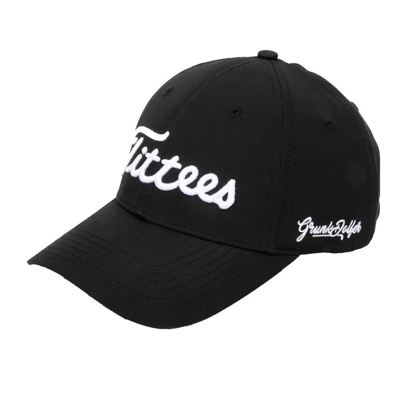 The black Tittees hat by Grunk Dolfer is perfect for golf, featuring Tittees embroidered in bold white script on the front and Grunk Dolfer on the side.