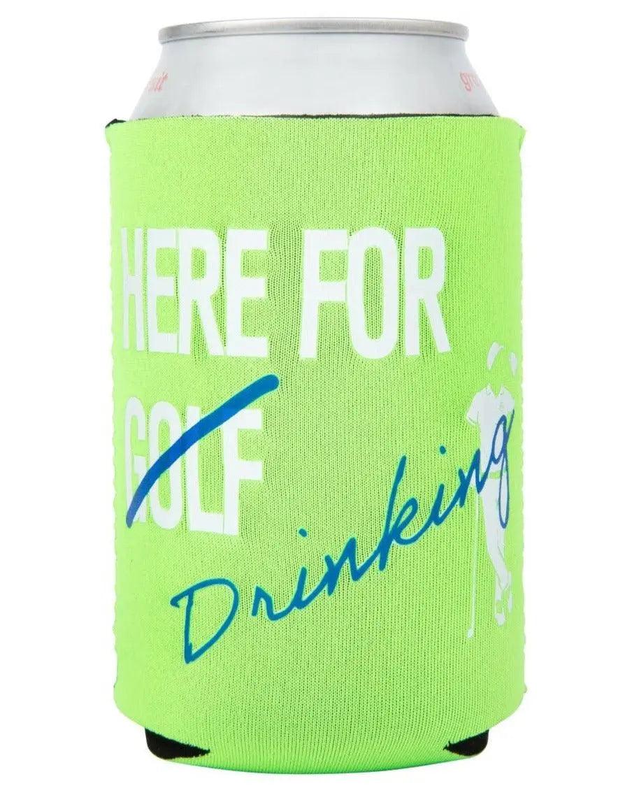 A silver can in a bright green Grunk Dolfer Here for Drinking Magnetic Koozie featuring white and blue text and a small golfer silhouette.