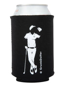 A soda can in the Grunk Dolfer Grunk Magnetic Koozie, a black holder with a white golfer silhouette, floating cap, and @GrunkDolfer printed vertically.