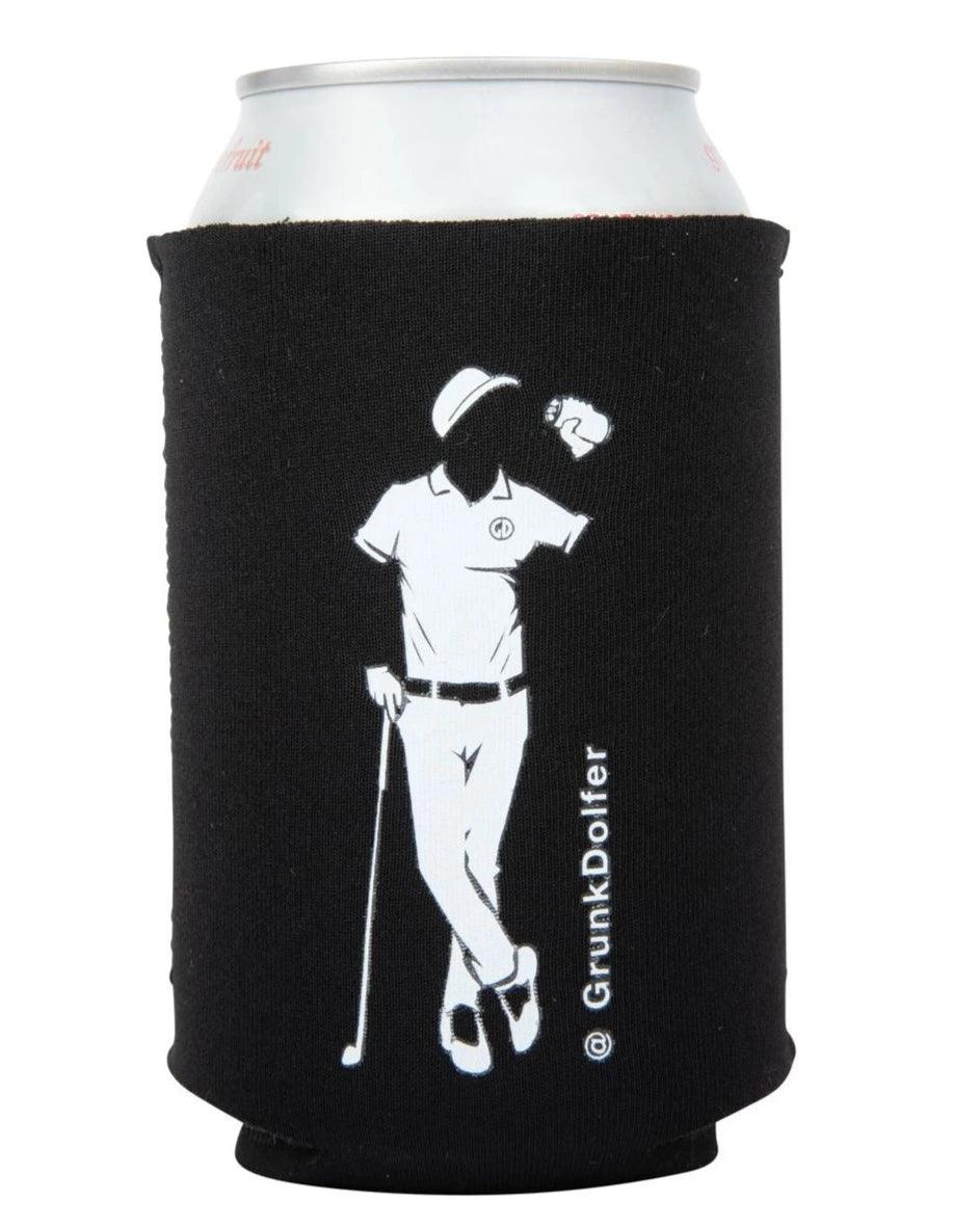 A soda can in the Grunk Dolfer Grunk Magnetic Koozie, a black holder with a white golfer silhouette, floating cap, and @GrunkDolfer printed vertically.