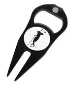 The Grunk Dolfer Grunk Divot Tool is a black metal golf divot tool with a magnetic ball marker and a round white emblem showing a golfers silhouette, plus a magnetic button at the top.