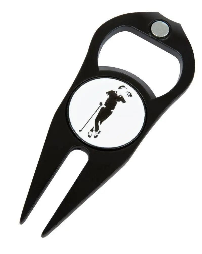The Grunk Dolfer Grunk Divot Tool is a black metal golf divot tool with a magnetic ball marker and a round white emblem showing a golfers silhouette, plus a magnetic button at the top.