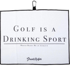 The Golf is a Drinking Sport Towel by Grunk Dolfer is a white waffle microfiber towel with black text, black border, GrunkGolfer logo, and a handy hook for hanging. Text reads: Golf is a Drinking Sport. Which Makes Me an Athlete.