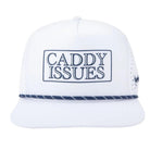 The Grunk Dolfer Caddy Issues Hat is a white snapback cap with a navy rope above the brim and “CADDY ISSUES” in bold inside a rectangle—makes a funny golf gift for any golfer.