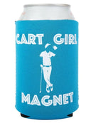 A silver can in the Grunk Dolfer Cart Girl Magnet Koozie—a blue, magnetic holder with white CART GIRL MAGNET text and a golfer leaning on a club illustration.