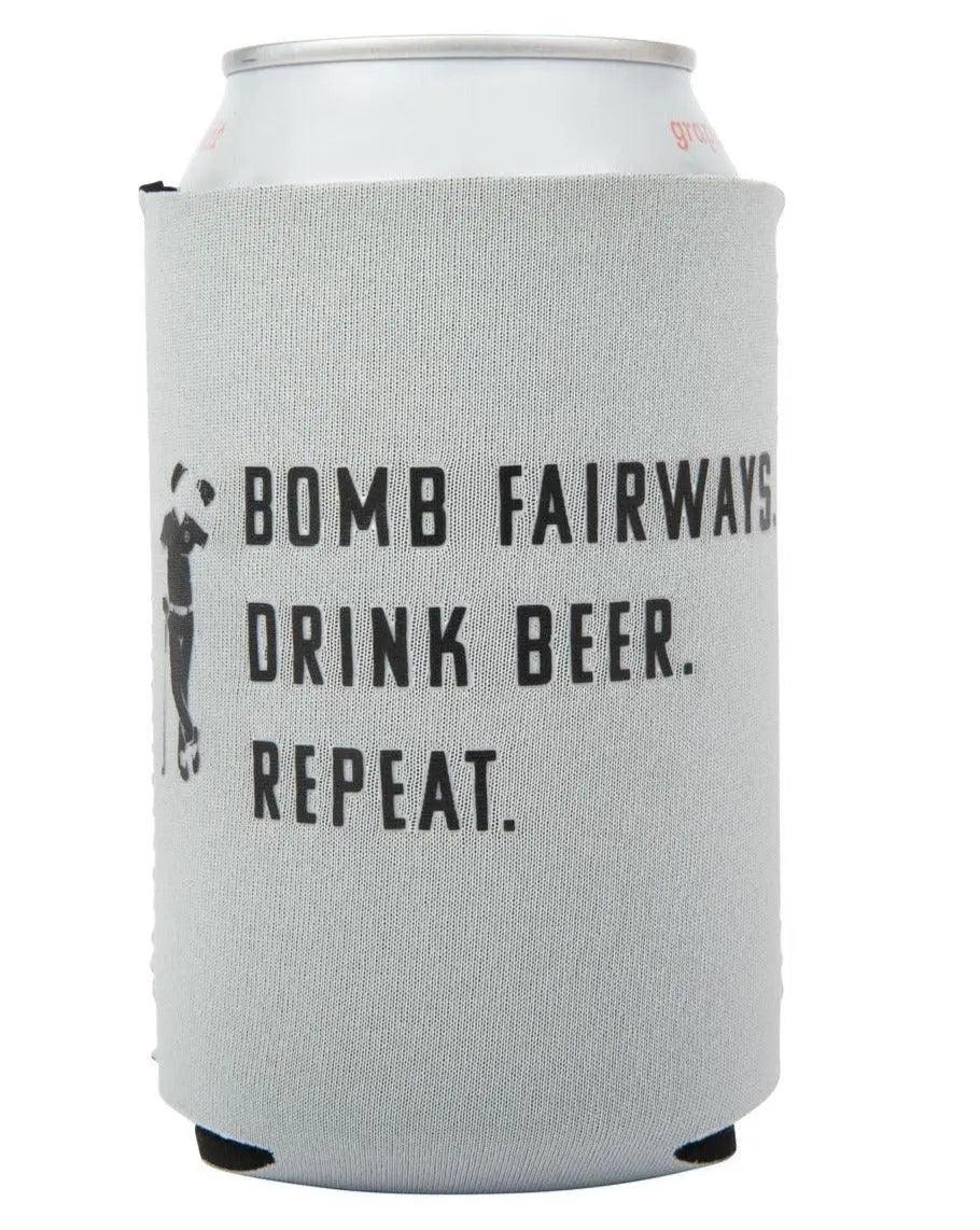 The Grunk Dolfer Golf Lessons Magnetic Koozie is gray and strong, features black text saying BOMB FAIRWAYS. DRINK BEER. REPEAT. and has a small golfer swinging graphic to the left of the text.