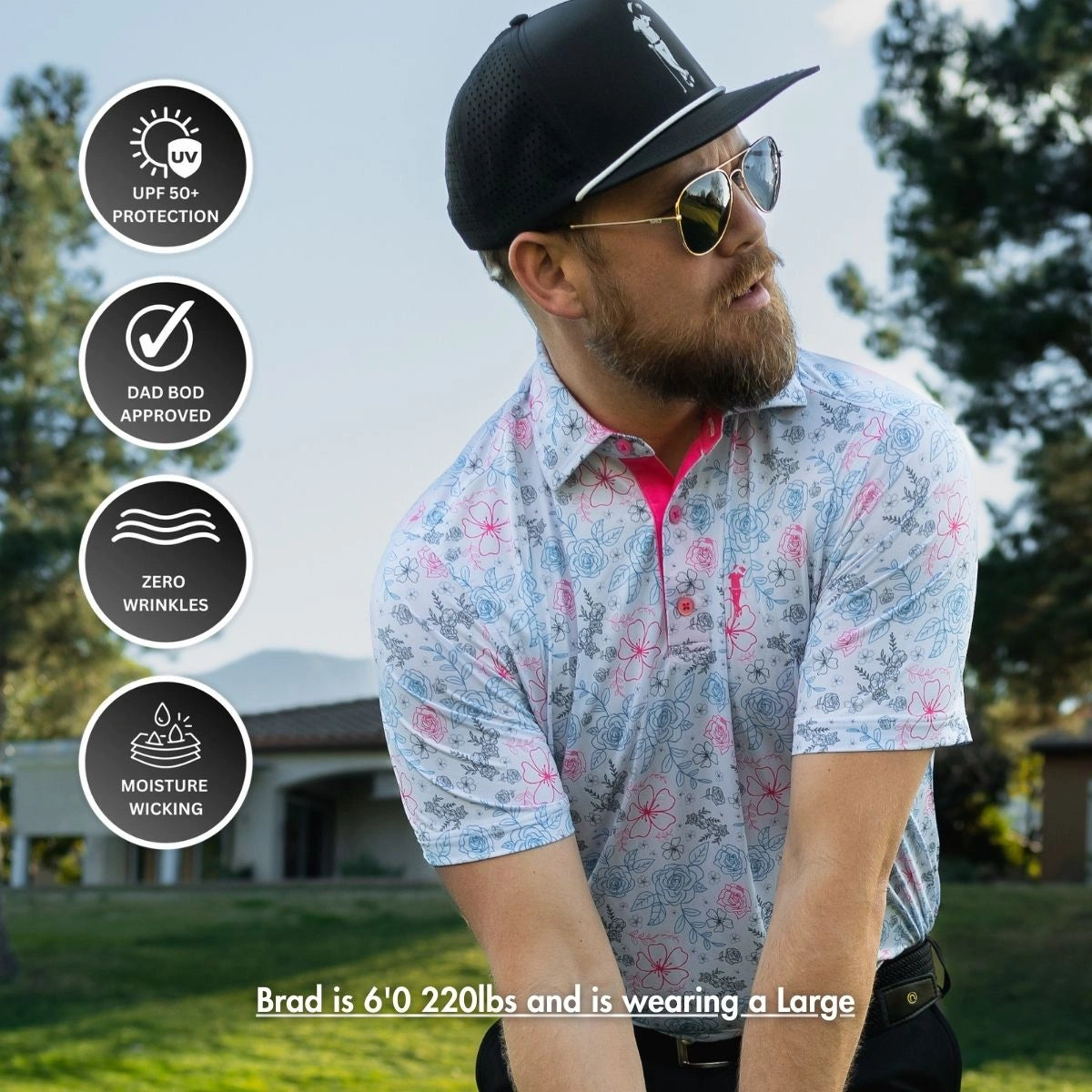 A bearded man in sunglasses and a black cap wears the Grunk Dolfer White Neon Rose polo outdoors. Four icons show UV protection, dad bod approval, zero wrinkles, and moisture wicking. “Brad is 6'0", 220 lbs, and wears a Large.”.