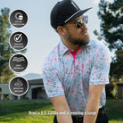 A bearded man in sunglasses and a black cap wears the Grunk Dolfer White Neon Rose polo outdoors. Four icons show UV protection, dad bod approval, zero wrinkles, and moisture wicking. “Brad is 6'0", 220 lbs, and wears a Large.”.