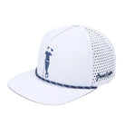 The White Grunk Hat by Grunk Dolfer features a navy golfer illustration on the front, navy rope above the brim, perforated side panels, and Grunk Dolfer in cursive near the back—a must-have for golfers.